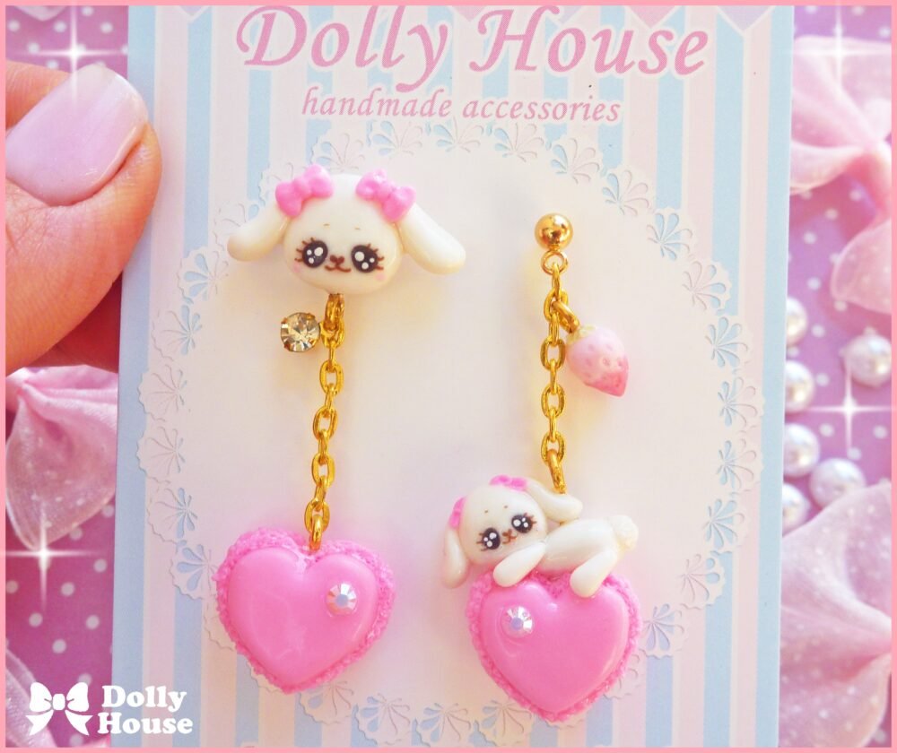 Kawaii Macaron & Bunnies Pink  Earrings by Dolly House