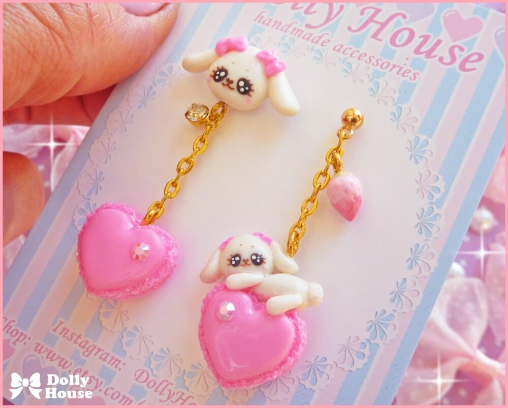 Kawaii Macaron & Bunnies Pink  Earrings by Dolly House
