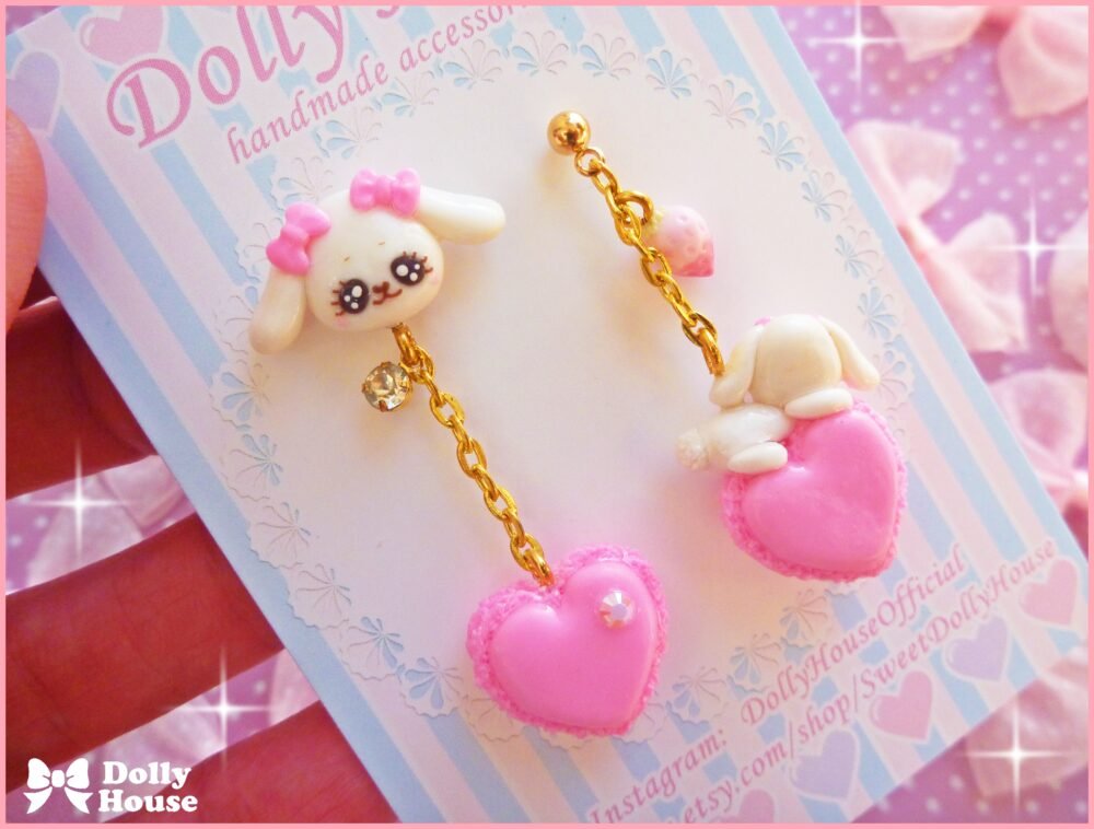 Kawaii Macaron & Bunnies Pink  Earrings by Dolly House