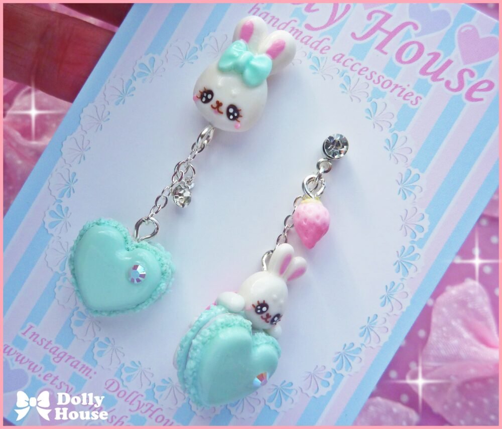 Kawaii Macaron & Bunnies Mint Earrings by Dolly House