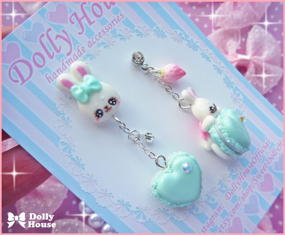 Kawaii Macaron & Bunnies Mint Earrings by Dolly House