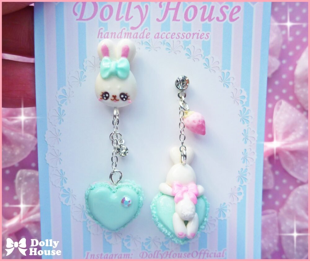 Kawaii Macaron & Bunnies Mint Earrings by Dolly House