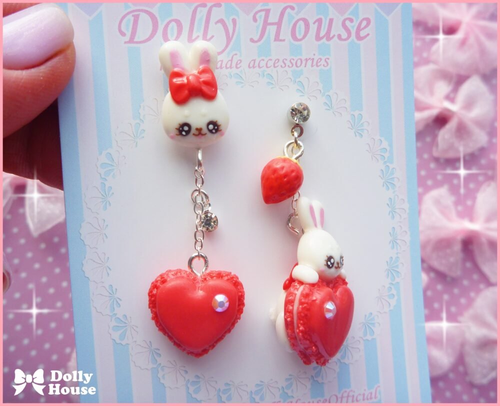 Kawaii Macaron & Bunnies Red Silver Earrings by Dolly House