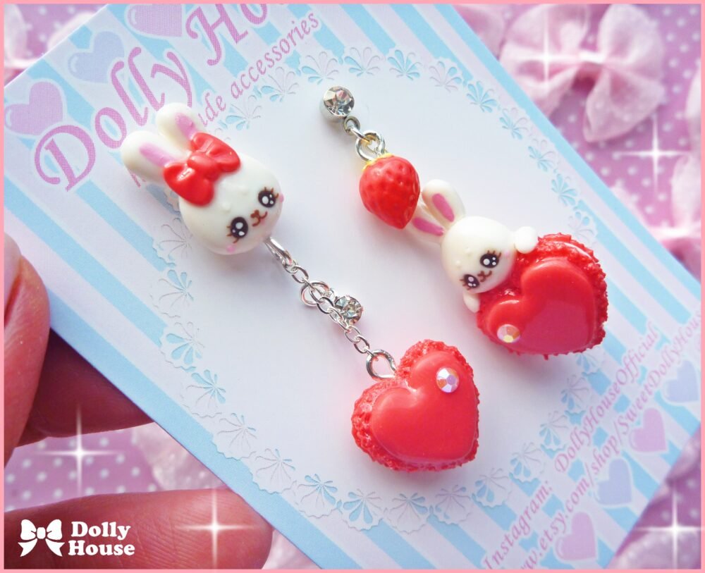 Kawaii Macaron & Bunnies Red Silver Earrings by Dolly House