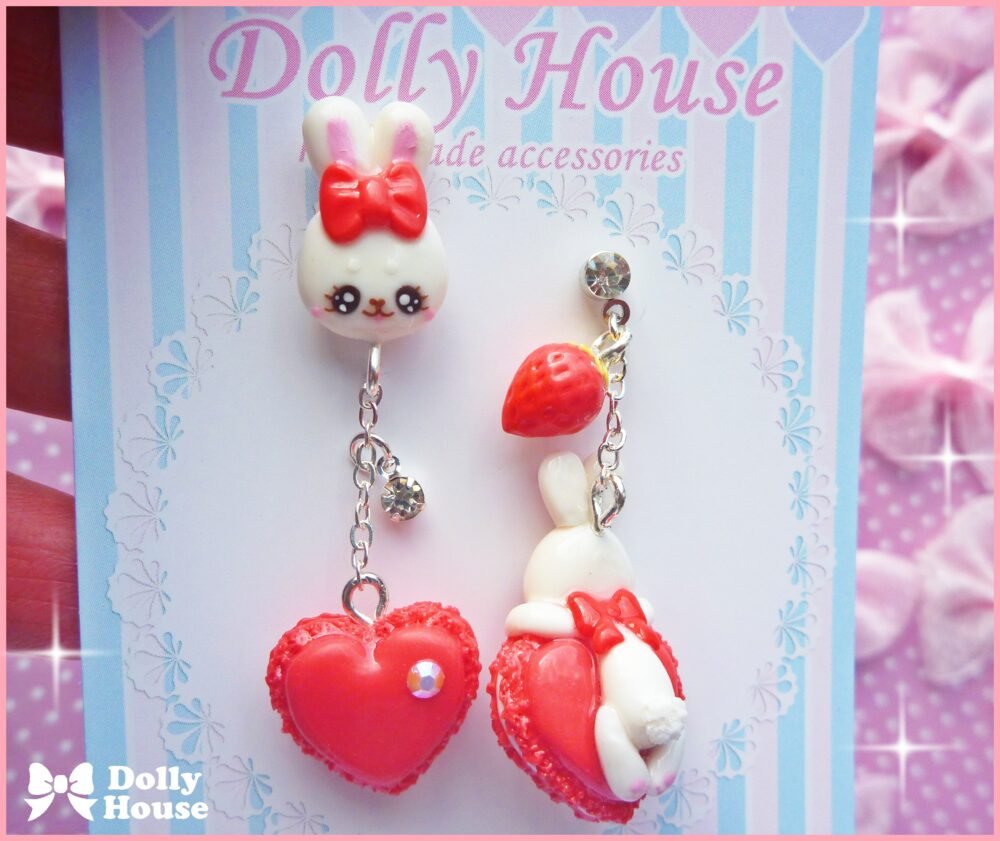 Kawaii Macaron & Bunnies Red Silver Earrings by Dolly House