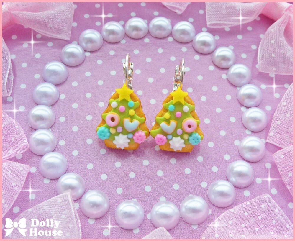 Kawaii Tiny Christmas Tree Cookies Earrings by Dolly House