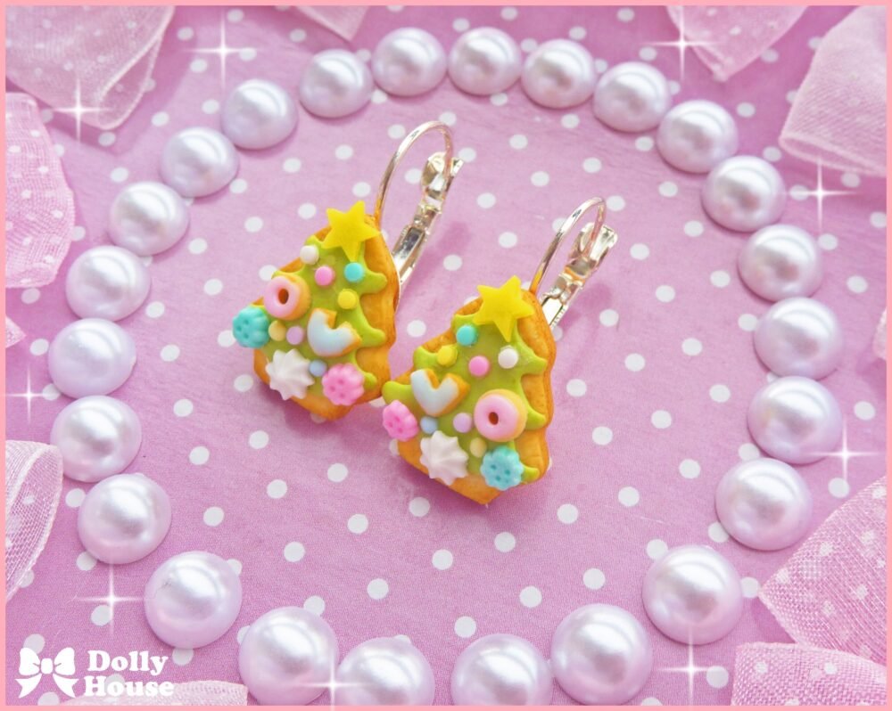 Kawaii Tiny Christmas Tree Cookies Earrings by Dolly House