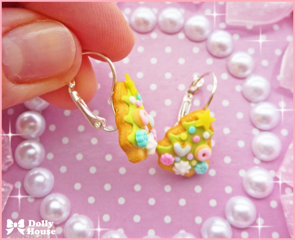 Kawaii Tiny Christmas Tree Cookies Earrings by Dolly House