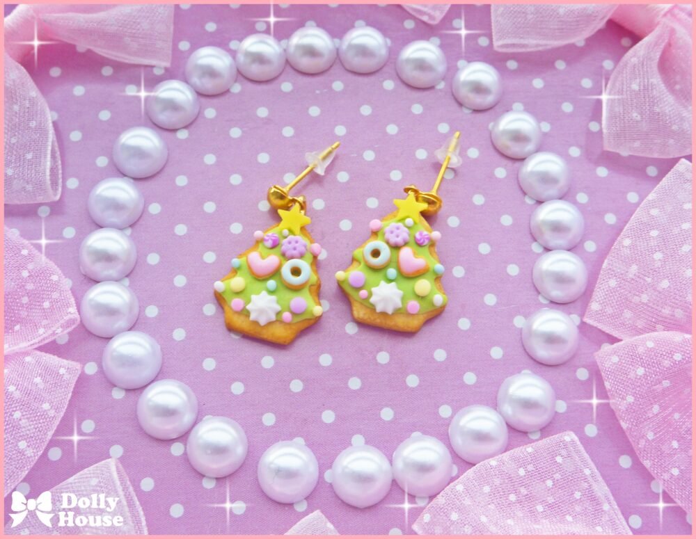 Kawaii Tiny Christmas Tree Cookies Earrings by Dolly House IV