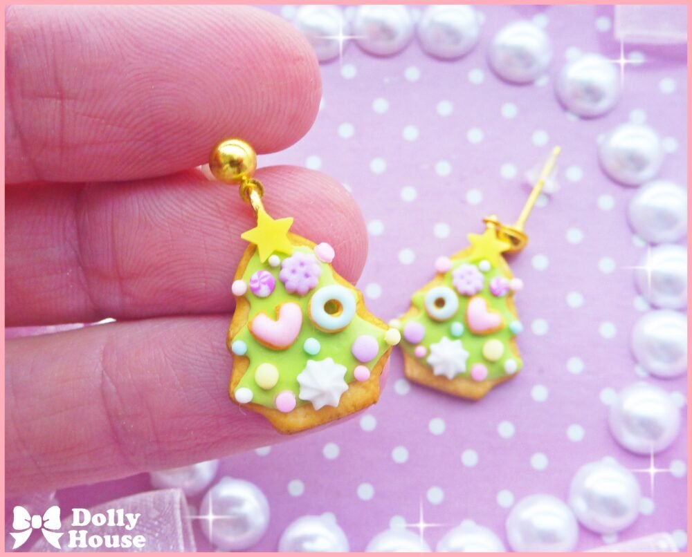 Kawaii Tiny Christmas Tree Cookies Earrings by Dolly House IV