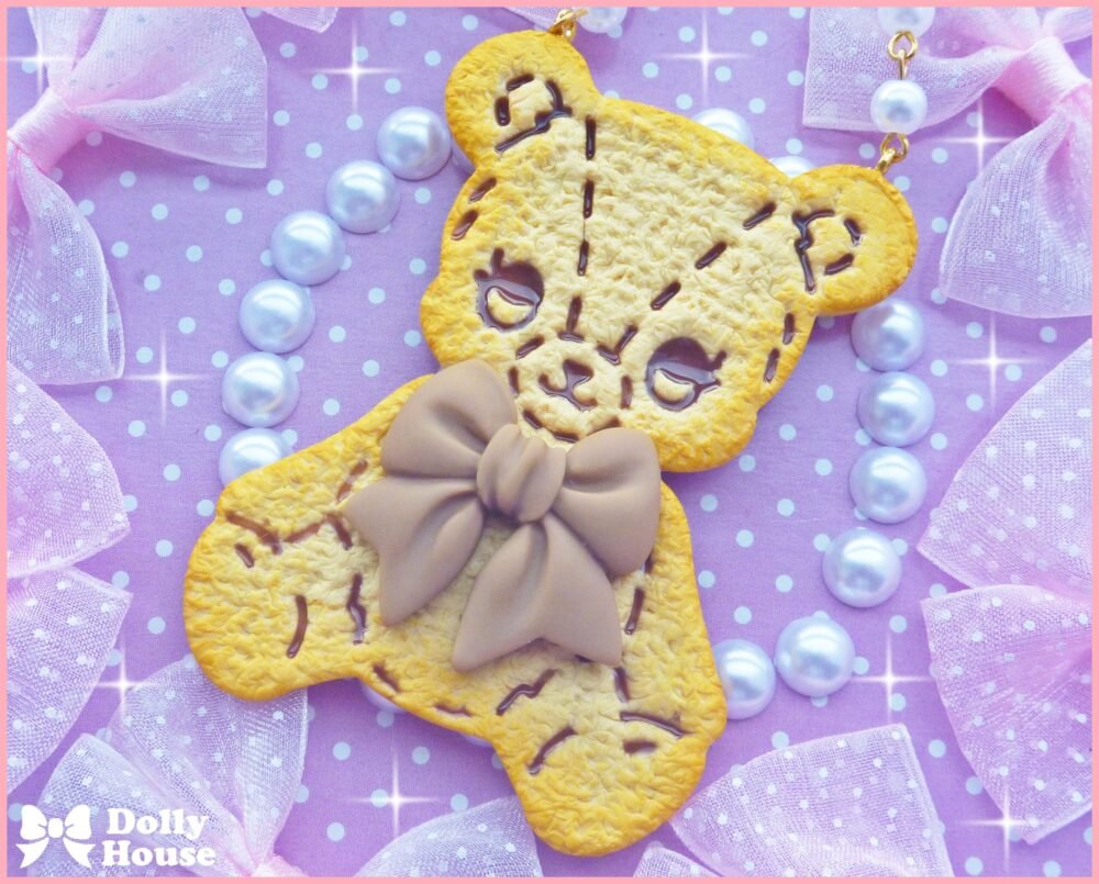 Kawaii Biscuit Bear With a Choco Bow Necklace by Dolly House
