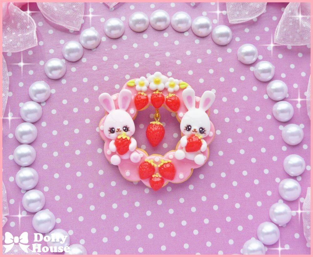 Kawaii Strawberry & Bunny Brooch by Dolly House