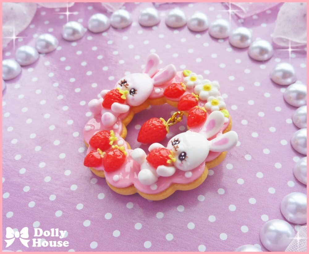 Kawaii Strawberry & Bunny Brooch by Dolly House