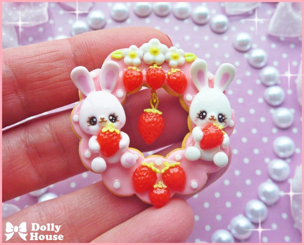 Kawaii Strawberry & Bunny Brooch by Dolly House