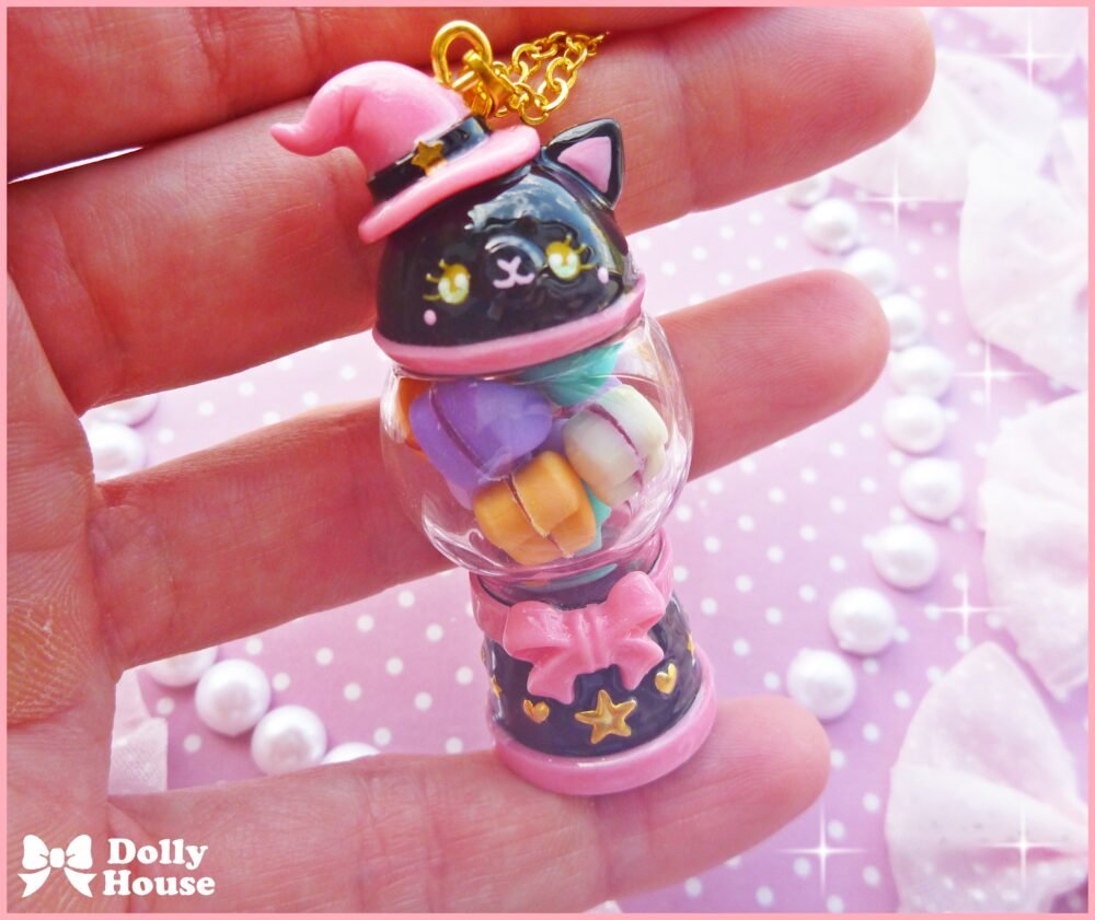 Kawaii Magical Cat Gumball Machine with Macarons Necklace by Dolly House