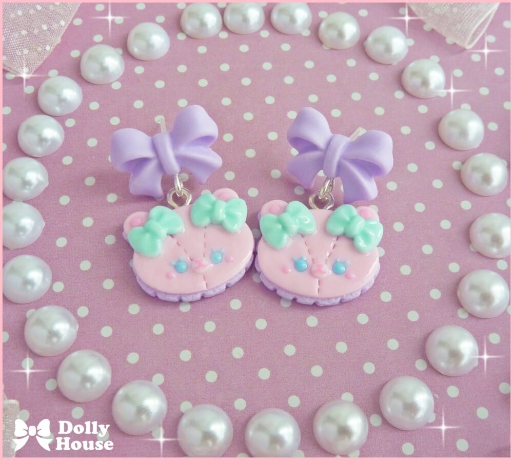 Kawaii Pastel Bear Cookies & Bows Earrings by Dolly House