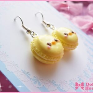Chick Macaron Earrings with pastel yellow round chick faces, tiny orange beaks and creamy macaron filling — additional view 1