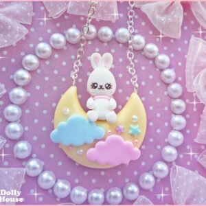 Dreamy Bunny Dreams Necklace with Moon & Pastel Clouds by Dolly House