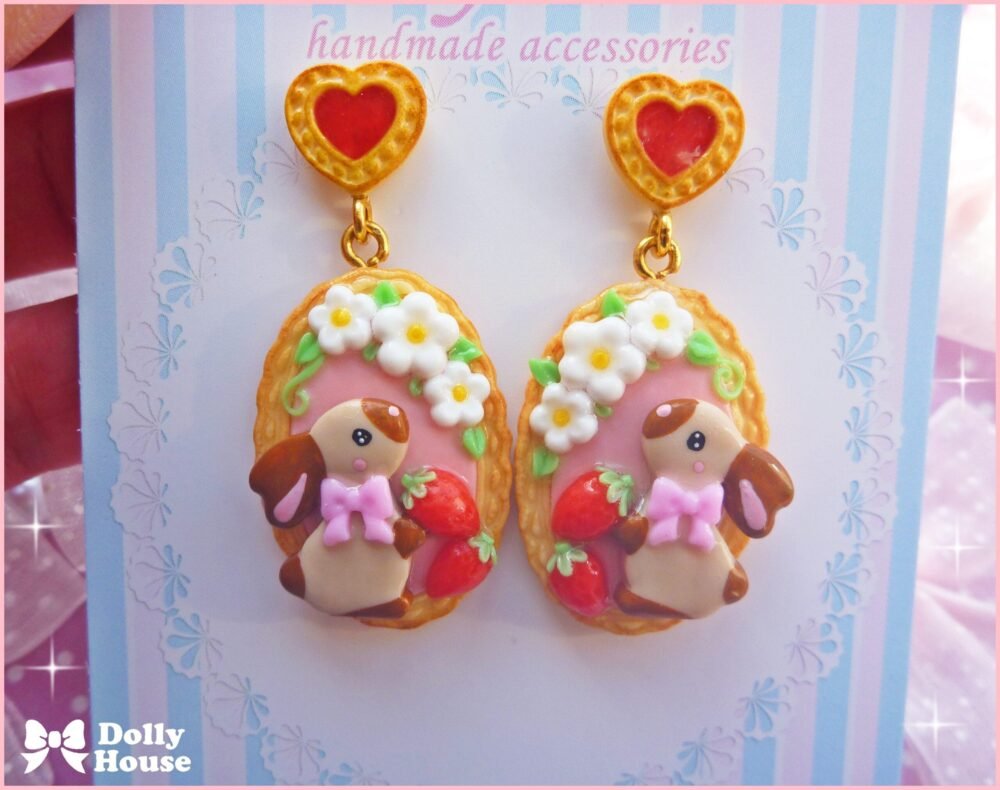 Sweet Strawberry Bunny Earrings by Dolly House