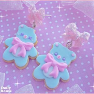 Sweet Bears Earrings showing blue cookie bears with pink bows and glittery resin bow studs